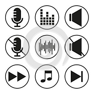 Sound icons. Speaker icon. Megaphone speaker. Play video button set. Vector illustration. Stock image.