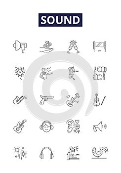 Sound line vector icons and signs. Noise, Audible, Resound, Hiss, Tweet, Pitch, Loud, Hum outline vector illustration