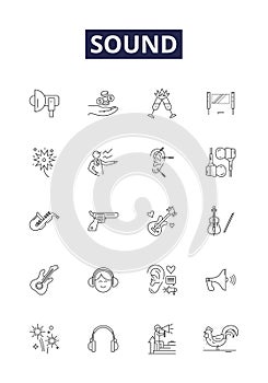 Sound line vector icons and signs. Noise, Audible, Resound, Hiss, Tweet, Pitch, Loud, Hum outline vector illustration photo