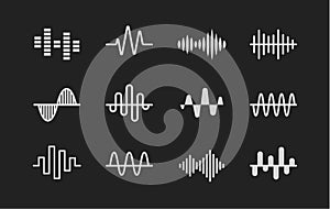 Sound logos. Set of Music, radio, cardio wave white icons, modern vector logo set on black background.