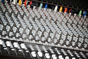 Sound mixer console in a recording studio
