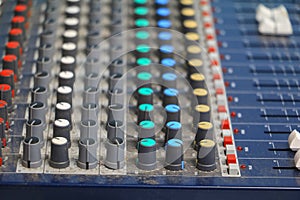 Sound mixer control. equipment old which has dust, select focus with shallow depth of field