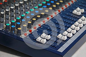 Sound mixer control. equipment old which has dust, select focus with shallow depth of field