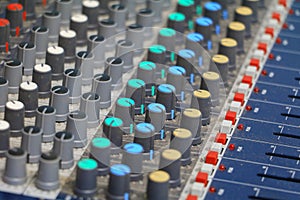 Sound mixer control. equipment old which has dust, select focus with shallow depth of field