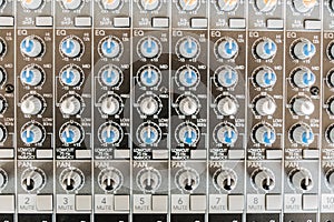 Sound mixer control panel. Sound controller Recording Studio.