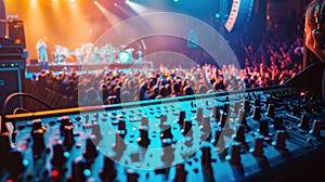 Sound mixer is in focus with a crowded concert stage and audience in the background.