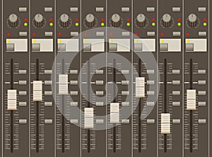 Sound mixer pult. Faders and regulators.