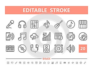 Sound and Music 20 line icons. Vector illustration in line style. Editable Stroke, 64x64, 256x256, Pixel Perfect.