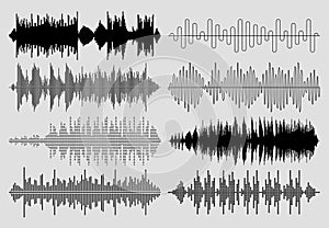 Sound music waves vector set. Musical pulse or audio charts