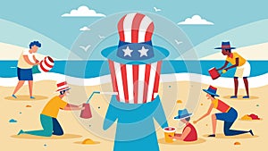 The sound of ocean waves mixed with the clinking of shovels and buckets as beachgoers crafted a gigantic Uncle Sam hat