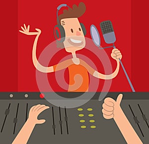 Sound Record Studio producer working together at mixing panel in the boutique vector illustration.