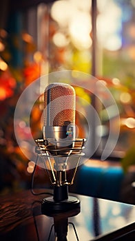 Sound recording envisioned: A professional microphone against a beautifully blurred backdrop.