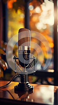 Sound recording envisioned: A professional microphone against a beautifully blurred backdrop. photo