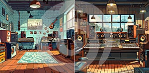 Sound recording studio cartoon vector illustrations. Empty room window musical instruments microphones speakers