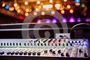 Sound recording studio mixer desk at a concert: professional music recording