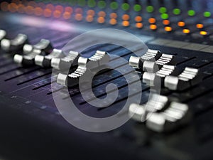 Sound Recording Studio Mixing Desk Closeup. Mixer Control Panel