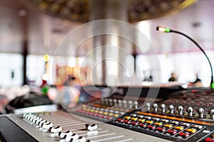 Control Fader. Mixing console of light equipment operator at the concert. Sound recording studio mixing desk with