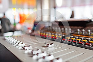 Control Fader. Mixing console of light equipment operator at the concert. Sound recording studio mixing desk with