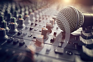 Sound recording studio mixing desk with microphone on mixer