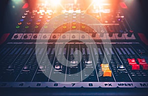 Sound recording studio mixing desk. Music mixer control panel. Closeup