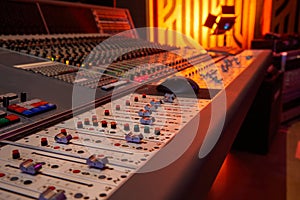 Sound recording studio mixing desk. Professional Equipment. Record.