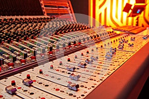 Sound recording studio mixing desk. Professional Equipment. Record.