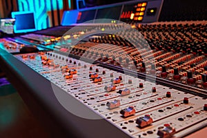 Sound recording studio mixing desk. Professional Equipment. Record.