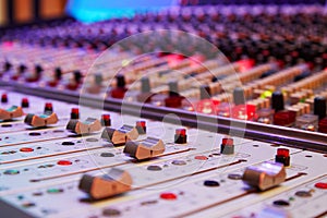 Sound recording studio mixing desk. Professional Equipment. Record.