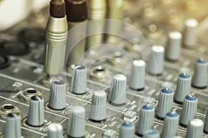 Sound recording studio Music mixer control panel.