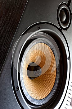 Sound Speaker. Loud Music Volume Concept Background. Professional studio equipment subwoofer close-up