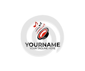 Sound speaker and musical notes logo template. Woofer vector design photo