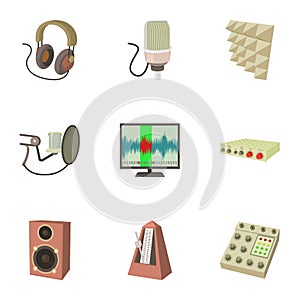 Sound studio electronics icons set, cartoon style