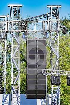 Sound system by the stage at concert time.