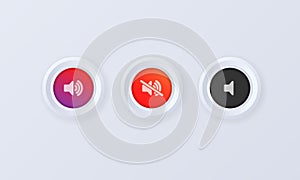 Sound volume button icon set. Button, sign, badge in 3d style. Sound volume up, down or mute control buttons set. Vector