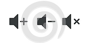 Sound volume control icons. Vector music video player sound volume up, down or mute buttons