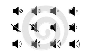 Sound volume icons set with different signal levels on white background. Ðn icon that increases and reduces the sound. Sound icon