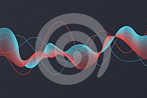 Sound wave background. Abstract dot line blue and red color on dark, dynamic shape.