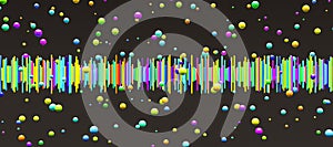 Sound wave bars of all colors with spheres around. music concept