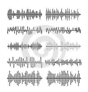 Sound wave forms vector illustration. Soundtrack audio music amplitude waveforms equalizer