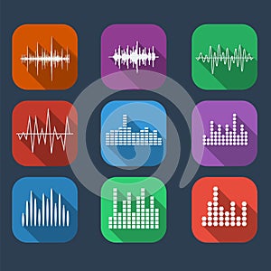 Sound Wave Icon Set Color flat style. Music soundwave icons set.