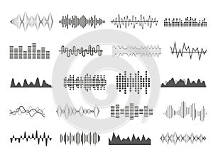 Sound wave. Music audio icons. Radio soundwave. Stereo pulse chart. Bar rhythm for logo. Heart impulse graphic