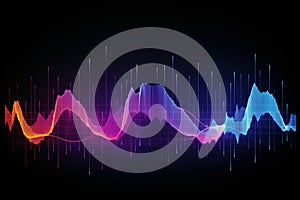Sound wave. Neon light abstract background with ultraviolet spectrum wave on dark background. Synthwave music equalizer danced to