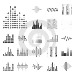 Sound waves and audio digital equalizer icons collection in grey