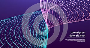 Sound waves. Big data visualization. Array with dynamic particles. Abstract grid design. 3d vector illustration for science or