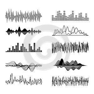 Sound Waves Black Thin Line Icon Set. Vector