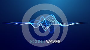 Sound waves on blue background. Curve radio wave digital signal. Digital technology background.