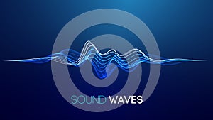 Sound waves on blue background. Curve radio wave digital signal. Digital technology background.