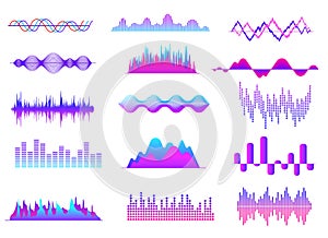 Sound waves. Color music wave, audio tune waveform pulse. Radio voice, soundtrack curves. Soundwave abstract volume photo