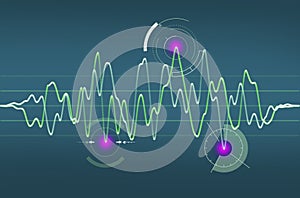 Sound waves, digital equalizer, frequencies. Music and radio, sound of the voice. Hearing and perception