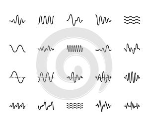 Sound waves flat line icons set. Vibration, soundwave, audio voice signal, abstract waveform frequency vector